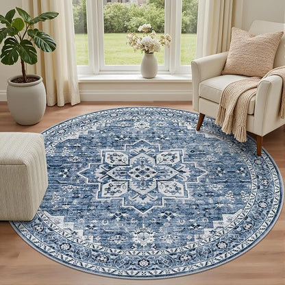Round Area Rug for Living Room: 6ft Washable Rug for Bedroom Blue | Vintage - Image 2