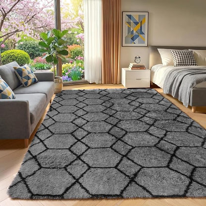 8x10 Area Rugs for Living Room, Fluffy Grey and Black Bedroom Geometric Rug | - Image 6