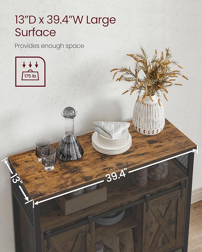 VASAGLE Buffet Cabinet, Coffee Bar Storage Cabinet, Sideboard with 2 Sliding Barn Doors, Adjustable Shelves, 13 x 39.4 x 31.5 Inches, for Living Room, Rustic Brown and Ink Black ULSC092B01