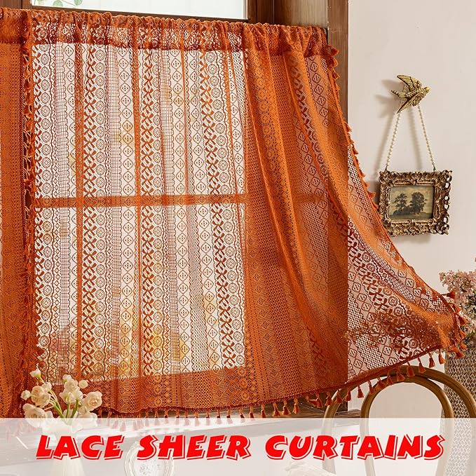 Sutuo Home Terracotta Boho Lace Vintage Curtains 45 Inches 2 Panels - Image 2