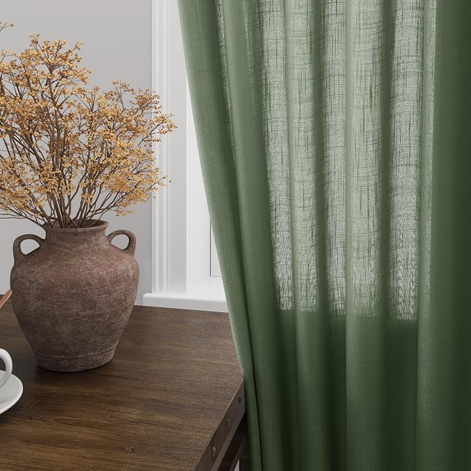 Olive Green Linen Curtains for Living Room 2 Panels Set 144 Inch Length Back - Image 2