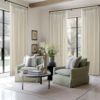 Thick Linen 86 Inches Long Semi Sheer Beige Pinch Pleated Curtains 2 Panels | - Image 7