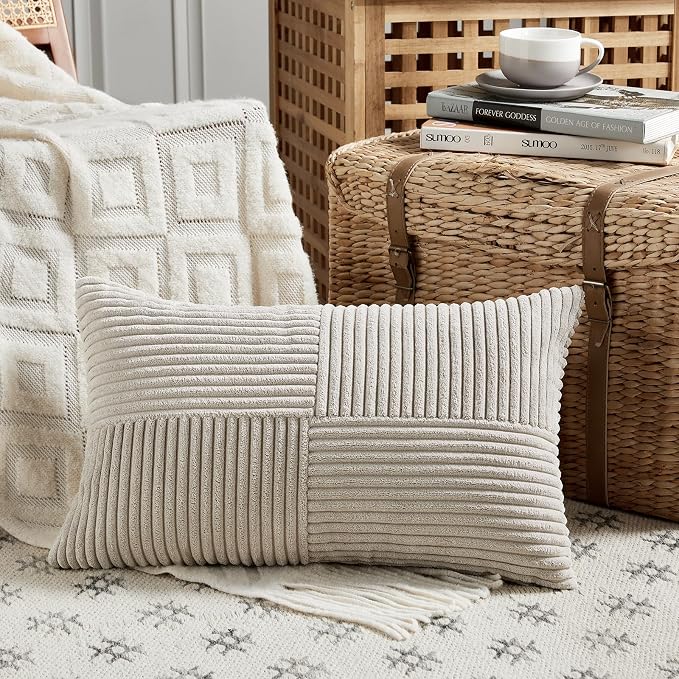 Fancy Homi 2 Packs Neutral Taupe Lumbar Decorative Throw Pillow Covers 16x28 - Image 2
