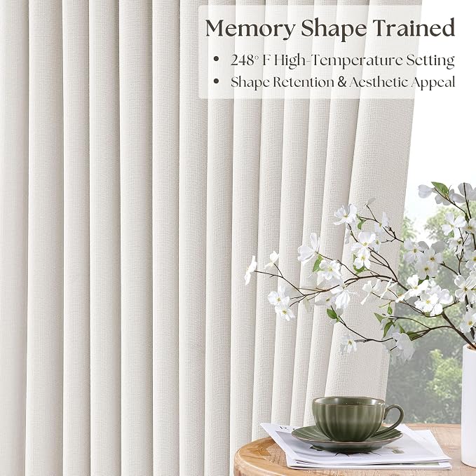 Ivory White Pleated Blackout Curtains 120 Inches Long 2 Panels | Memory Shape - Image 4