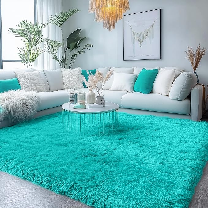 Fluffy Shag Teal Area Rugs for Bedroom 5x7 Fuzzy Shaggy Rug for Living Room | by PAGISOFE