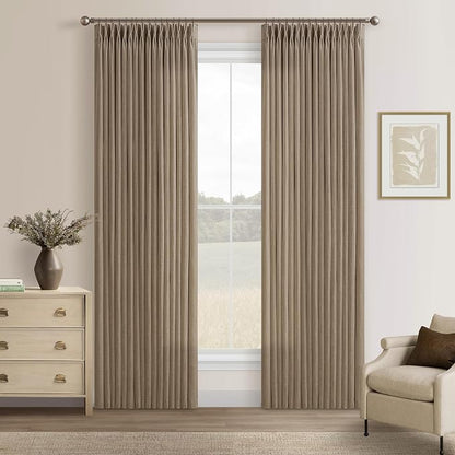 84 Inch Latte Linen Pleated Semi Sheer Vintage Curtains by Twodrapes