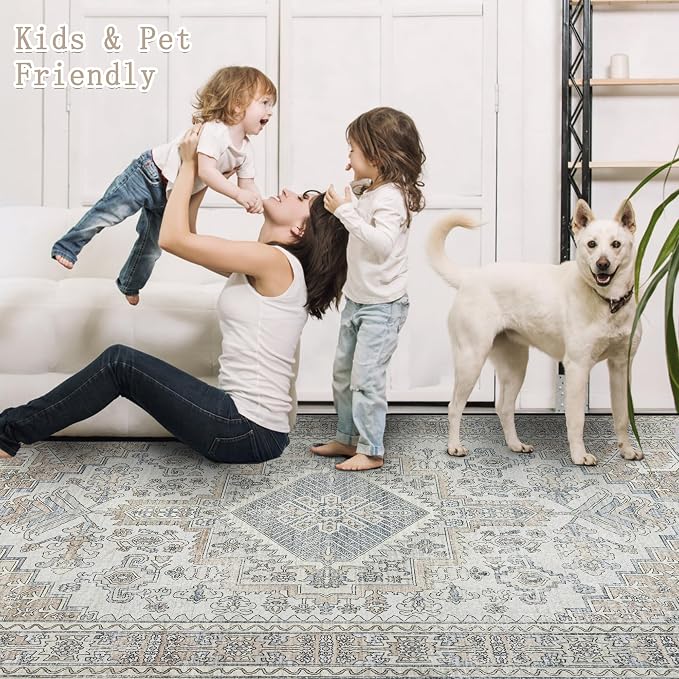 9x12 Washable Area Rugs for Living Room, Dining Room- Retro Taupe | Ultra Soft - Image 4