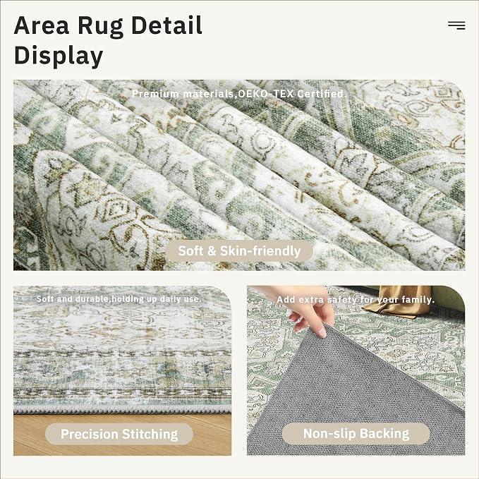 Soalmost 6x9 Area Rug for Living Room Washable Rugs Non-Slip Green/Brown | - Image 6