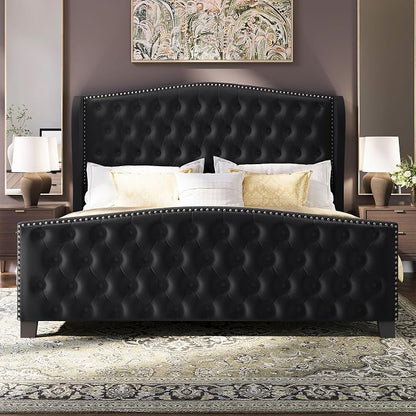 BRELTAM Upholstered King Size Bed Frame Velvet Black Tufted Platform Bed Frame - Image 9