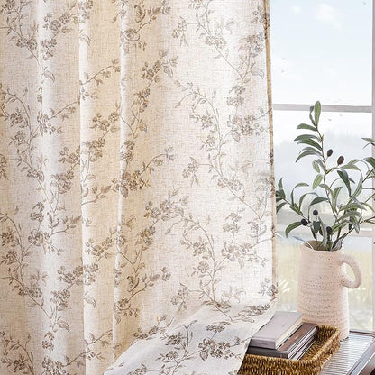 Taupe Vintage Floral Linen Curtains Farmhouse 50W X 63L 2 Panels | Elisa Series - Image 8