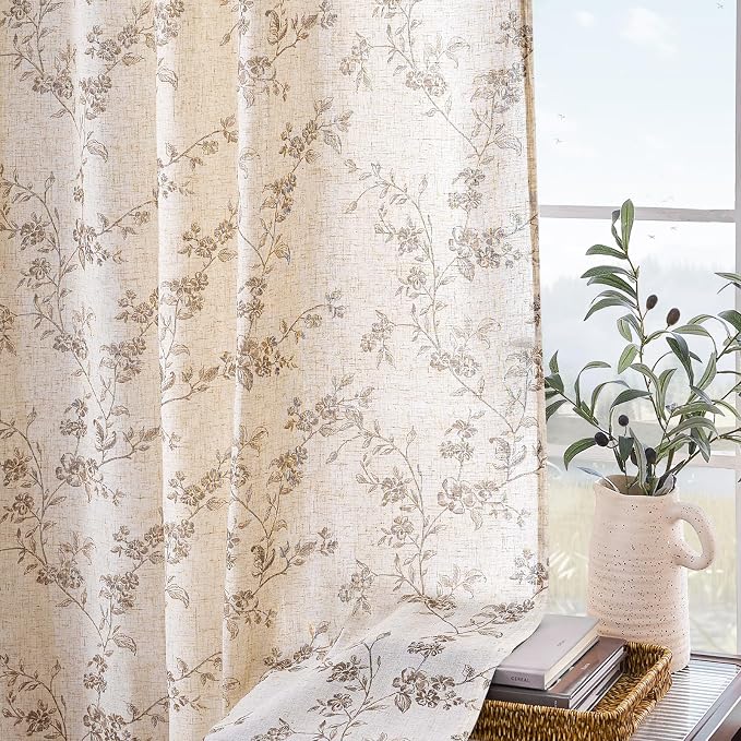 Taupe Vintage Floral Linen Curtains Farmhouse 50W X 84L 2 Panels | Elisa Series - Image 5