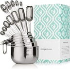 Heavy-Duty 304 Stainless Steel Measuring Cup Set (18-Piece) - Stackable, Dual Metric/US, Long & Narrow Spoons for Spice Jars + 5 Mini Spoons