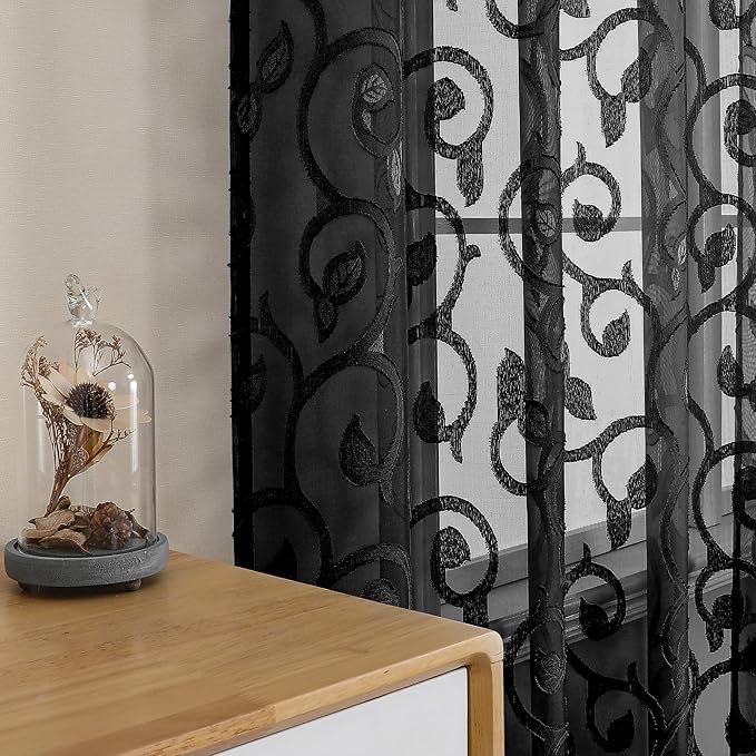 Furman Black Sheer Curtains Tiers 24 Inch Length 2 Panels Set, Airy Lightweight - Image 2