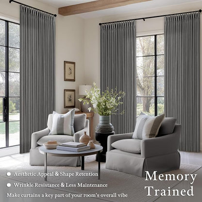 Dark Grey Light Filtering Pleated Linen Curtains 120 Inches Long 2 Panels | - Image 2
