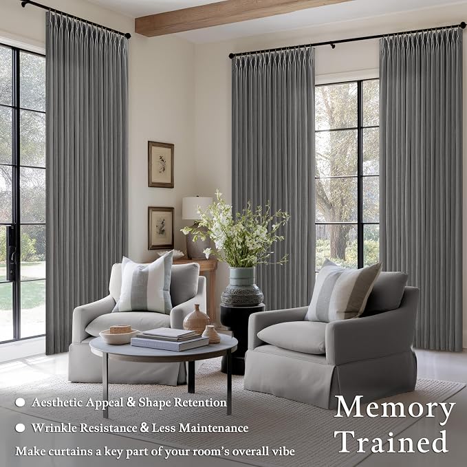 Pinch Pleat Modern Charcoal Grey Semi Sheer Thick Linen Curtains 50Wx80L | - Image 2