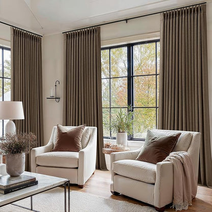 Pleated Blackout Brown Linen Blend Window Curtains 96 Inches Long 2 Panels | - Image 7