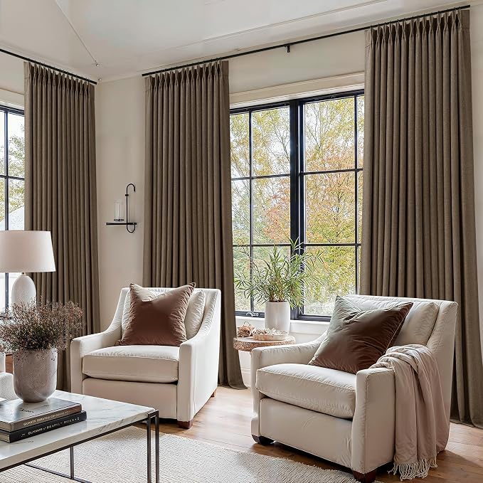 120 Inch Pinch Pleat Brown 100% Blackout Thick Linen Curtains - Image 8