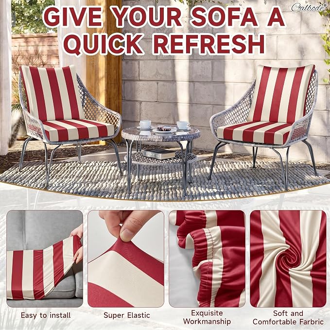 CALBODE 14 Pcs Stretch Outdoor Seat Cushion Covers, Washable Striped Chair Seat - Image 4