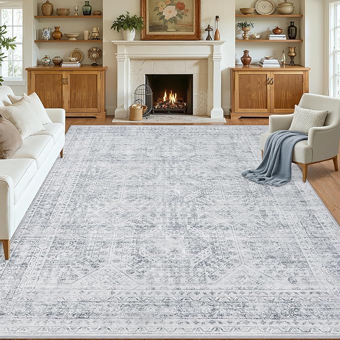 10x12 Area Rugs Living Room: Bedroom Neutral Washable Carpet Gray | Vintage - Image 8