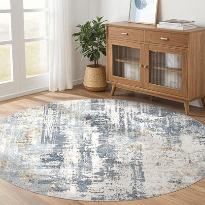 LOONGRUG Round Rug 7x7 Washable Large Neutral Modern Area Rugs Blue | Abstract - Image 8