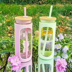 Kodrine 20oz Glass Tumbler with Straw and Lid, Iced Coffee Cups with Bamboo Lids, Glass Cups for Cold Drinks, Smoothie Cup with Silicone Sleeve for Travel, Work, BPA FREE-MintCream