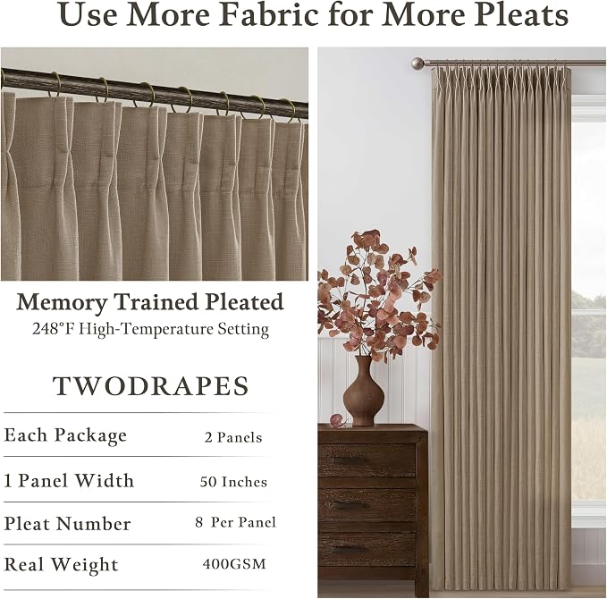 96 Inches Pleated Linen Tan Latte Memory Train Semi Sheer Curtains 2 Panels | - Image 4
