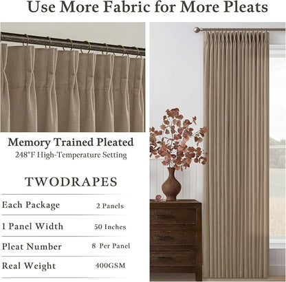 96 Inches Pleated Linen Tan Latte Memory Train Semi Sheer Curtains 2 Panels | - Image 4
