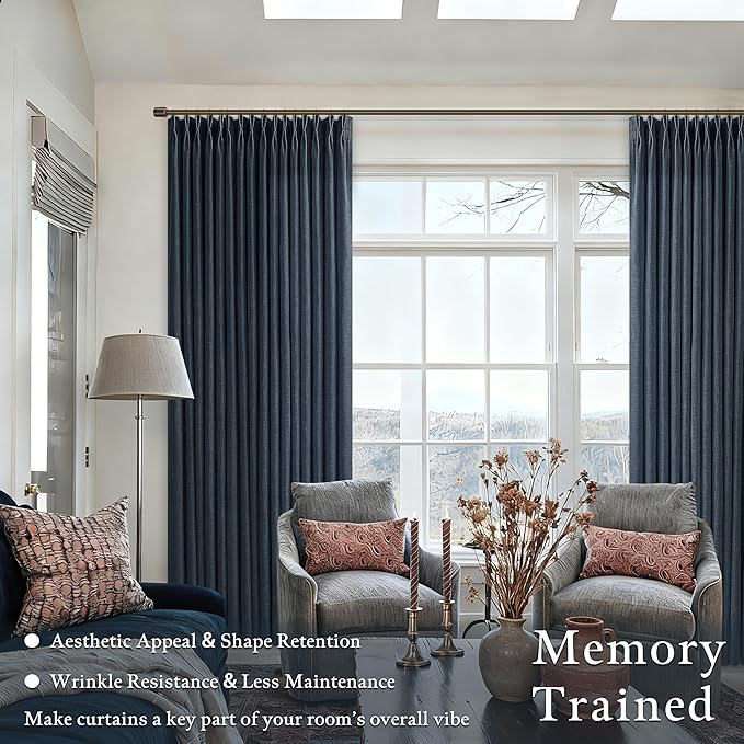 Pinch Pleat Linen Dark Blue Linen Light Filtering Curtains 72 Inch 2 Panels | - Image 2
