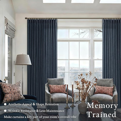 96 Inches Pinch Pleated Semi Sheer Memory Shaped Navy Thick Linen Curtains | - Image 2
