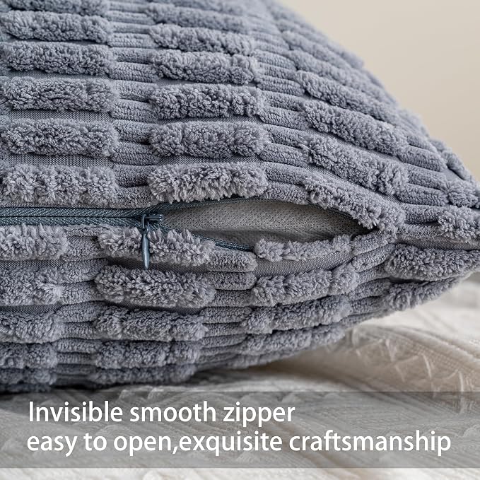 Pack of 2 Corduroy Decorative Throw Pillow Covers 22x22 Inch, Light Grey | Fall - Image 3