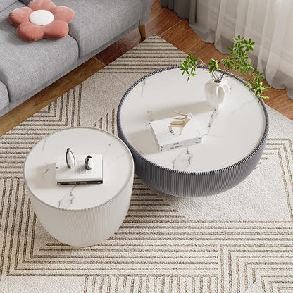 Round Marble Coffee Table Set of 2, 2 Piece White Coffee Table and End Table - Image 4
