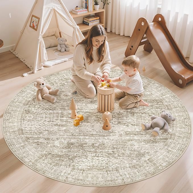 Soalmost 6x6 Brown Round Rug 6ft Circle Living Room Area Rugs Non-Slip | - Image 3