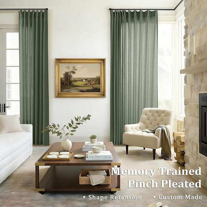 105 Inch Olive Green Pleated Ceiling Track Curtains Linen Semi Sheer | Light - Image 2