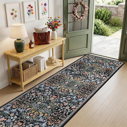PLHXFR 3x10 Washable Runner Rug：Floral Indoor Kitchen Carpet Dark Black | - Image 2