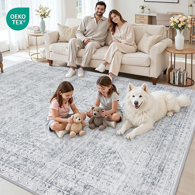 10x14 Area Rugs Living Room: Bedroom Neutral Washable Carpet Gray | Vintage - Image 7