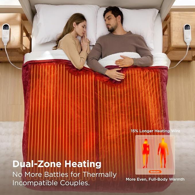 Bedsure Heated Blanket King Size, Dual Control Electric Blanket, Burgundy | - Image 3