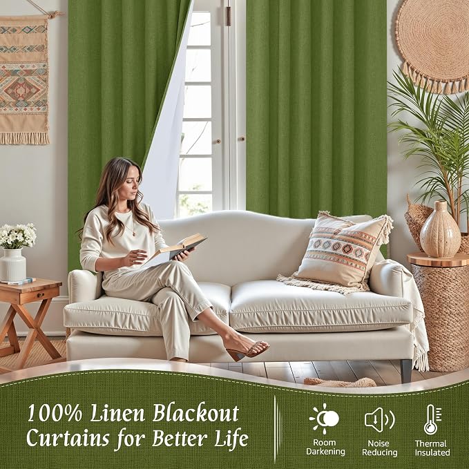 Sage Green 100% Blackout Linen Curtains 63 Inches - Image 2