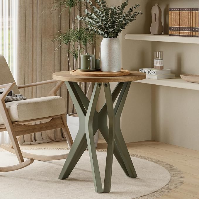 Pedestal Farmhouse End Table, Distressed Top by LONYKE