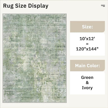Soalmost 10x12 Area Rugs for Living Room Washable Rug Abstract Green/Ivory | - Image 5
