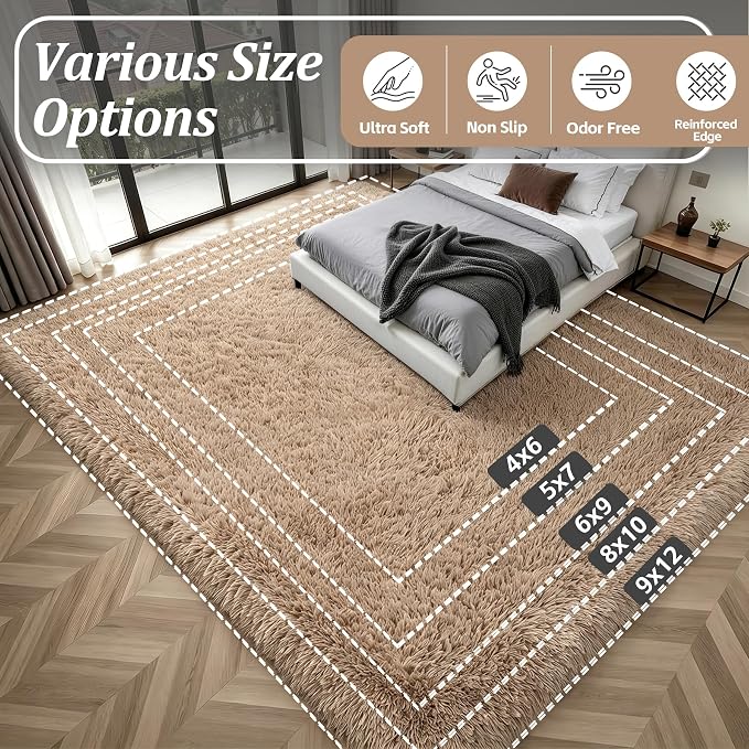 9x12 Area Rug Living Room Bedroom: Fluffy Plush Shag Carpet Beige | - Image 9