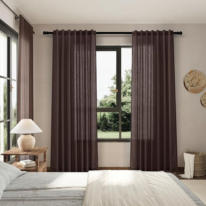 Coffee Linen Boho Curtains for Bedroom Back Tab Rod Pocket Semi Sheer Linen - Image 7