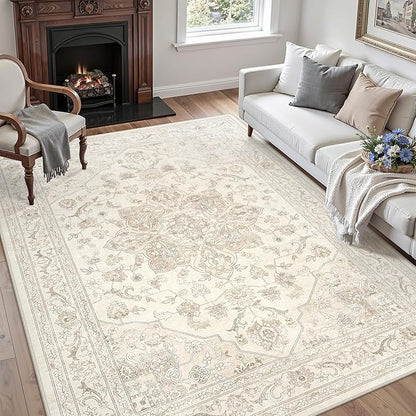 4x6 Area Rugs Living Room: Bedroom Washable Carpet Beige White | Vintage Boho - Image 3