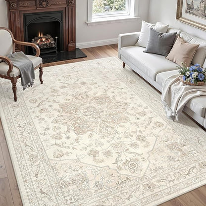 6x9 Area Rugs Living Room: Bedroom Washable Carpet Beige White | Vintage Boho - Image 3