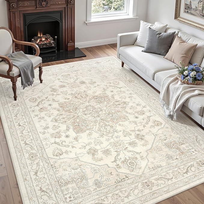 5x7 Area Rugs Living Room: Bedroom Washable Carpet Beige White | Vintage Boho - Image 3