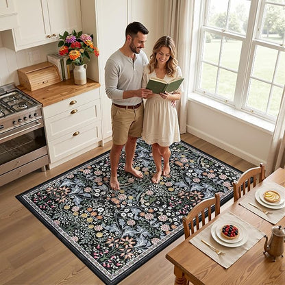 PLHXFR Area Rug Living Room: 3x5 Floral Washable Boho Carpet Dark Black | - Image 3