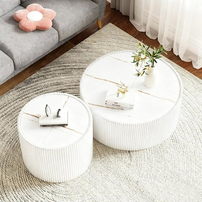SSLine Round Drum Coffee Table Set of 2 Modern Sintered Stone Top Nesting - Image 3