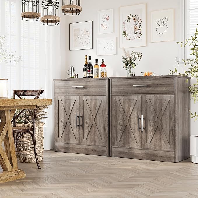 Vongrasig Sideboard Buffet with Storage, Modern Kitchen Storage Cabinet with 1 Drawer and 2 Doors, Wood Coffee Bar Buffet Table for Kitchen, Dining Room, Ash Grey