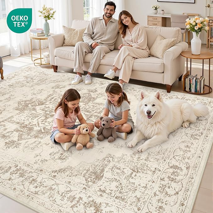 6x9 Area Rugs Living Room: Bedroom Washable Carpet Beige/Ivory | Vintage Boho - Image 8