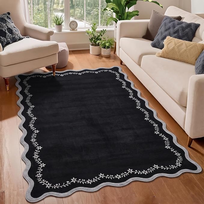 GarveeHome 4x6 Scalloped Washable Area Rug Black Nursery Kids Bedroom Rug | by GarveeHome