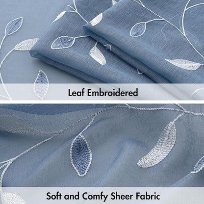 MIULEE Dusty Blue Sheer Curtains 2 Panels Leaf Patterned, W52 x L84 | - Image 4